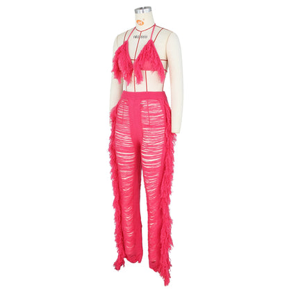 Tassel Knitted Pants Two Piece Set Resort Outfit Vacation Outfit Beach Cover Up
