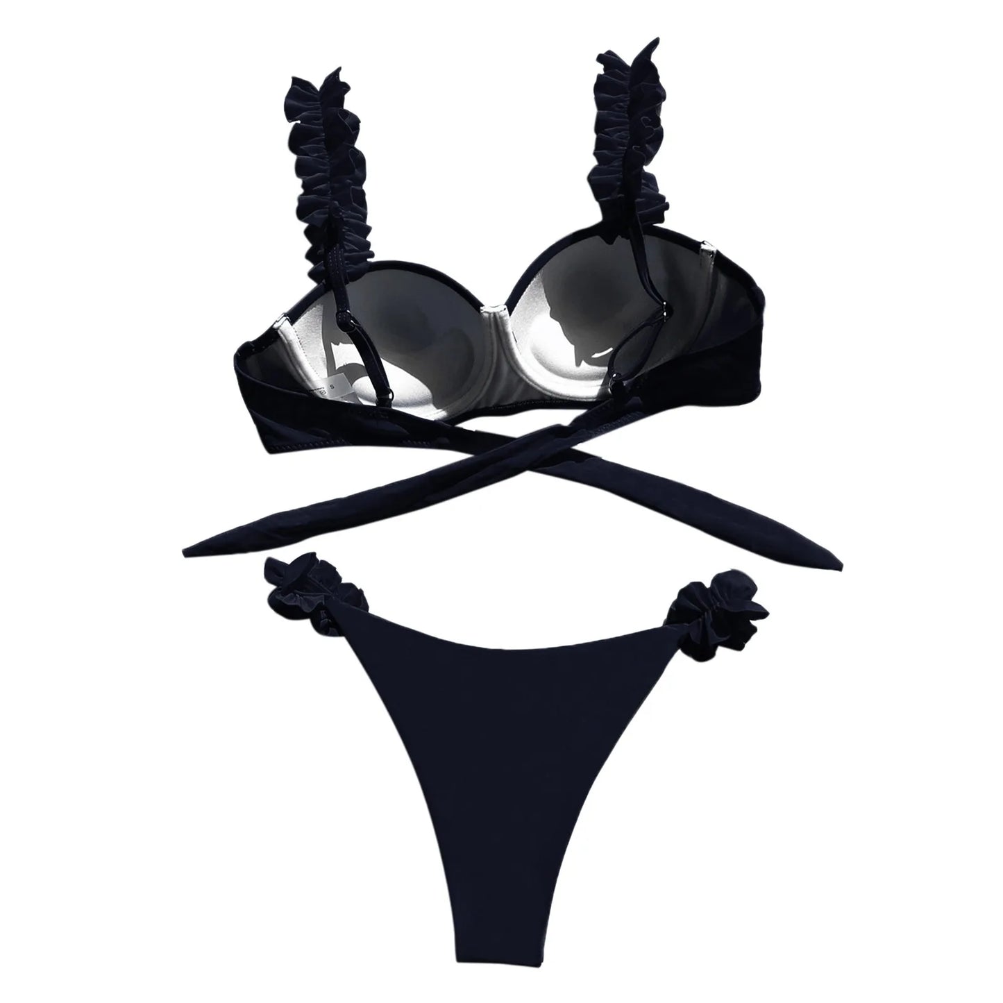Black Red Push Up Bikinis Sets Ruffled Straps Swimwear Micro Thong Sexy Swimsuit Women Back Bow Bathing Suit