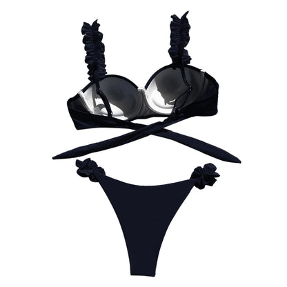 Black Red Push Up Bikinis Sets Ruffled Straps Swimwear Micro Thong Sexy Swimsuit Women Back Bow Bathing Suit