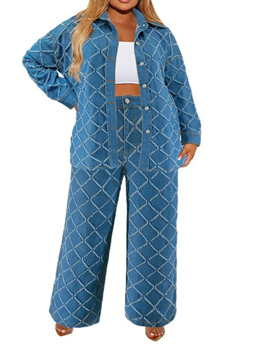 Plus Size Denim Two Piece Sets Women Long Sleeve Tops and Pants Matching Suits