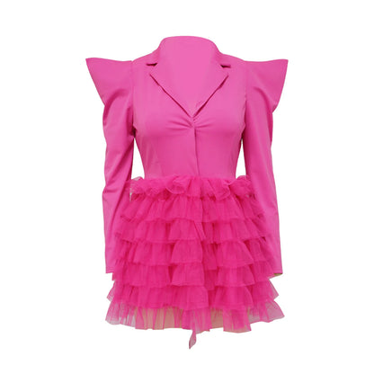 Mesh Paneling Solid Right Shoulders Long Sleeves Cake Dress For Women