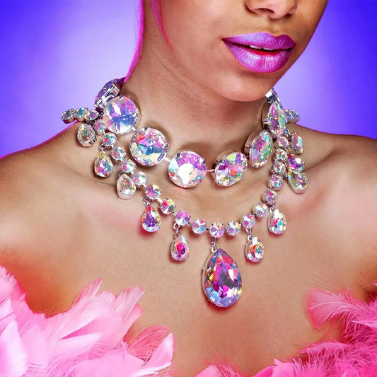 Luxury Glass Crystal Big Water Drop Statement Choker Necklace for Women