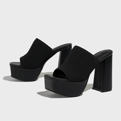 Knitted Platform Slippers Chunky High Heels Women Peep Toe High Heel Slippers