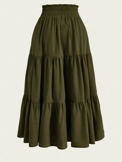 Women's Patchwork Solid Color Loose Skirt; Commuting Casual Cake Skirt; Elastic Waist Elegant Skirt