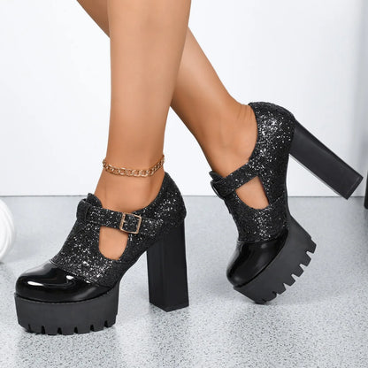Comfortable Thick Heel Shoes Round Head Deep Mouth Thick Sole Color Matching High Heels