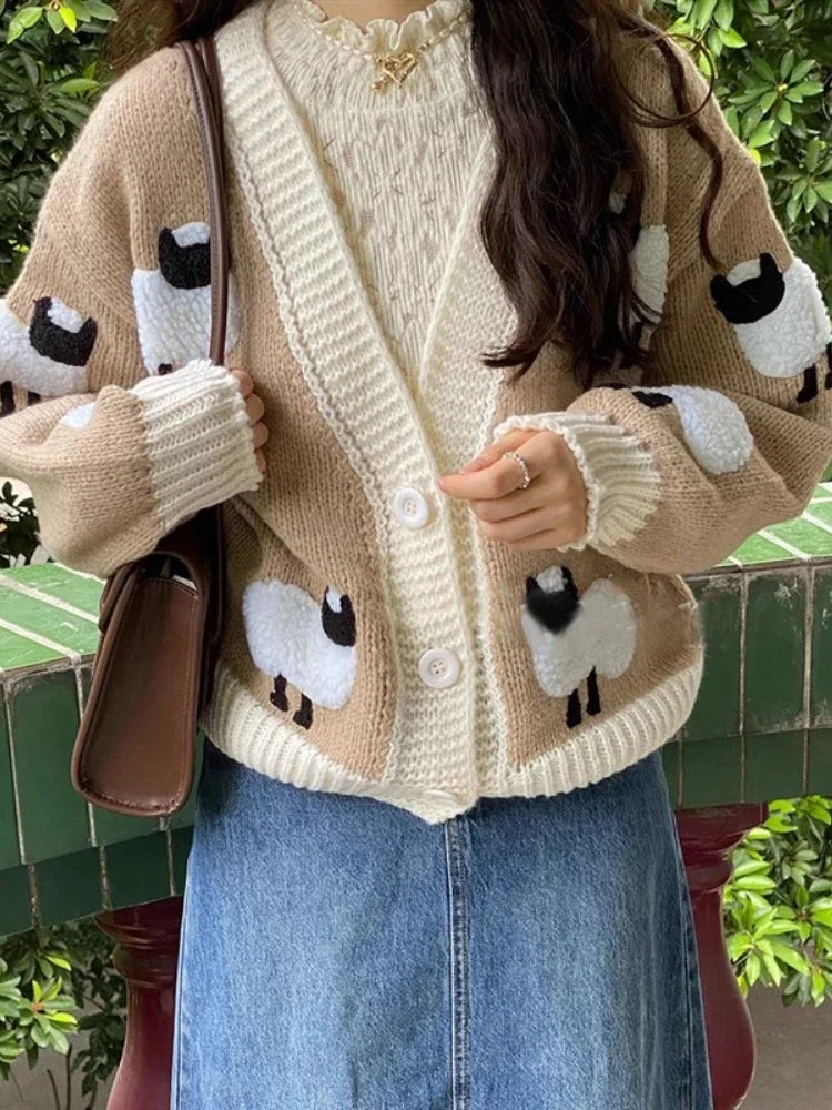 Sheep Pattern Crochet Chunky Knit Cardigan Cute Cartoon V Neck Sweater