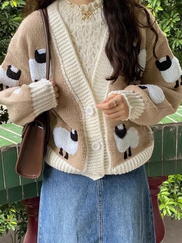 Sheep Pattern Crochet Chunky Knit Cardigan Cute Cartoon V Neck Sweater