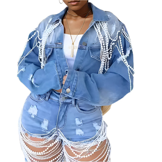 Women's Pearl Chain Handmade Bead Denim Jacket Single-breasted Short Coat Female Trendy Denim Coat