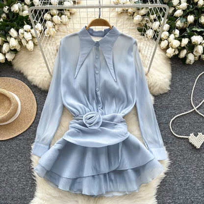 3D Floral Vintage Shirt Women Lapel Neck Long Sleeves Sheer Bohemian Organza Blouse