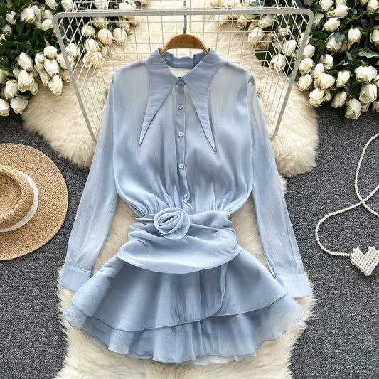 3D Floral Vintage Shirt Women Lapel Neck Long Sleeves Sheer Bohemian Organza Blouse