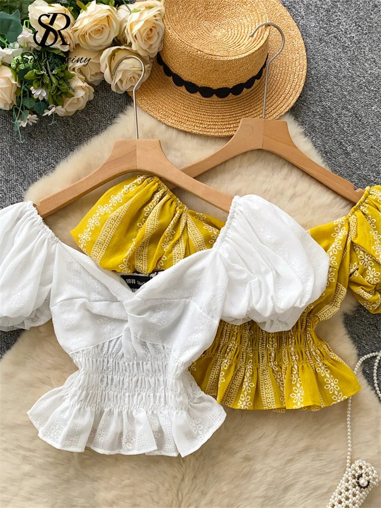 Jacquard Blouse Square Collar Puff Sleeves Elastic Slim Crop