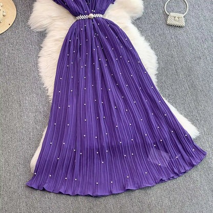 Summer Luxury Pearls Long Chiffon Dress For Women Loose Big Size Short Sleeve Crystal Birthday Evening Midi Pleated Dresses