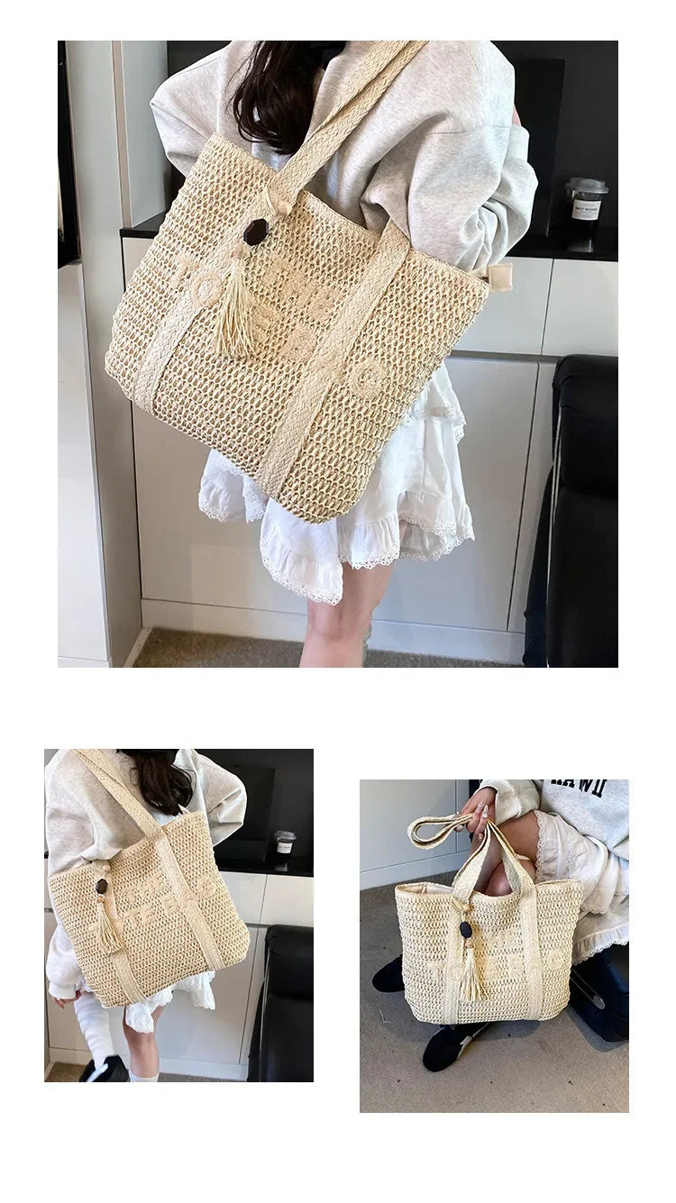 Women's Large Capacity Shoulder Bag Straw Woven Bag Letter Embroidery Handbag