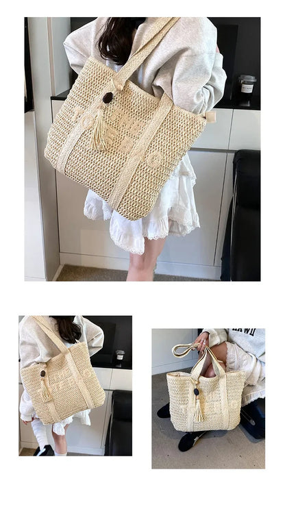 Women's Large Capacity Shoulder Bag Straw Woven Bag Letter Embroidery Handbag