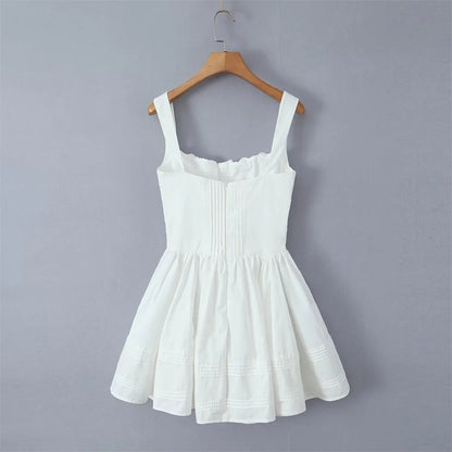 Women's Fashionable Floral Print Pleated Patchwork Slim Fitting Suspender Dress