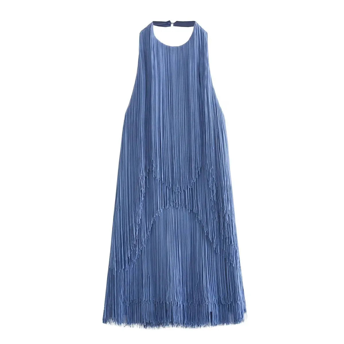 Women's Solid Color Hanging Neck Sling Backless Tassel Mini Dress