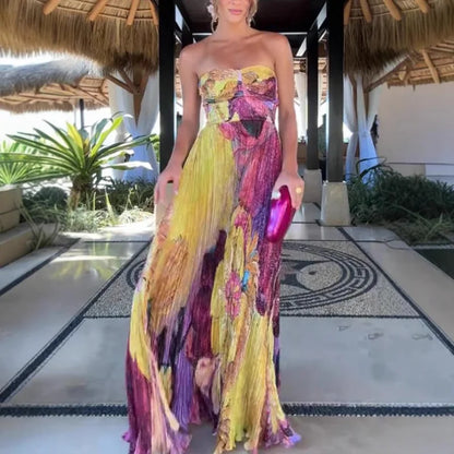 Women Strapless Sleeveless Backless Slim Sling Pleated Dress Party Maxi Dress