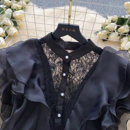 Ruffle Blouses Women French Style Single Breasted Lace Patchwork Shirt Summer Top