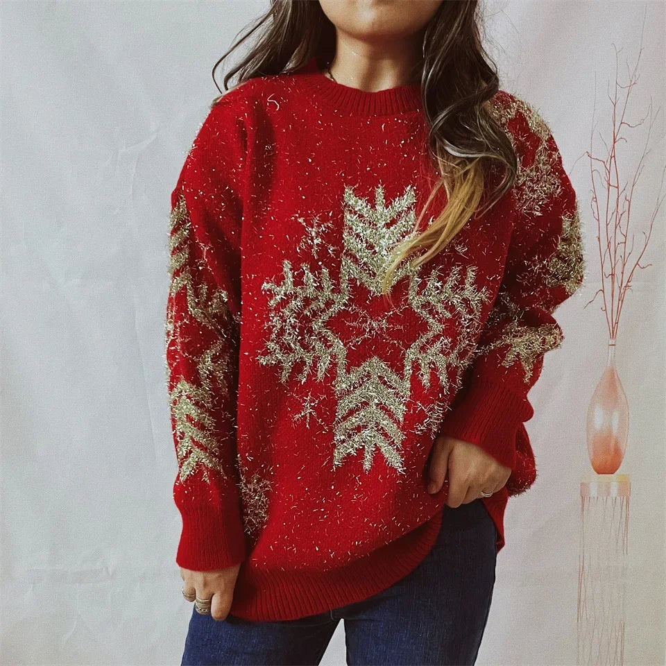 Loose-fit Line Big Snowflake Christmas Sweater Women's Pullover Thickened Crew Neck Sweater