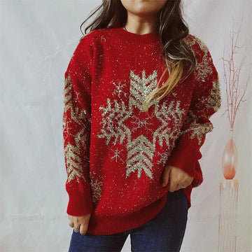 Loose-fit Line Big Snowflake Christmas Sweater Women's Pullover Thickened Crew Neck Sweater