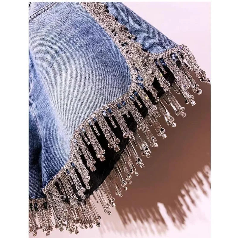 Rhinestones Fringed High Waist Hot Drilling Denim Shorts Diamonds Tassels Jeans Short