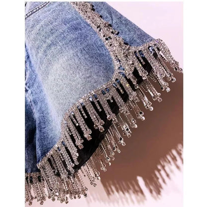 Rhinestones Fringed High Waist Hot Drilling Denim Shorts Diamonds Tassels Jeans Short