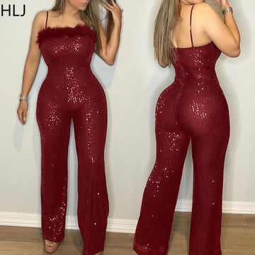 Sequin Feather Spaghetti Strap Jumpsuits Women Sleeveless Playsuits