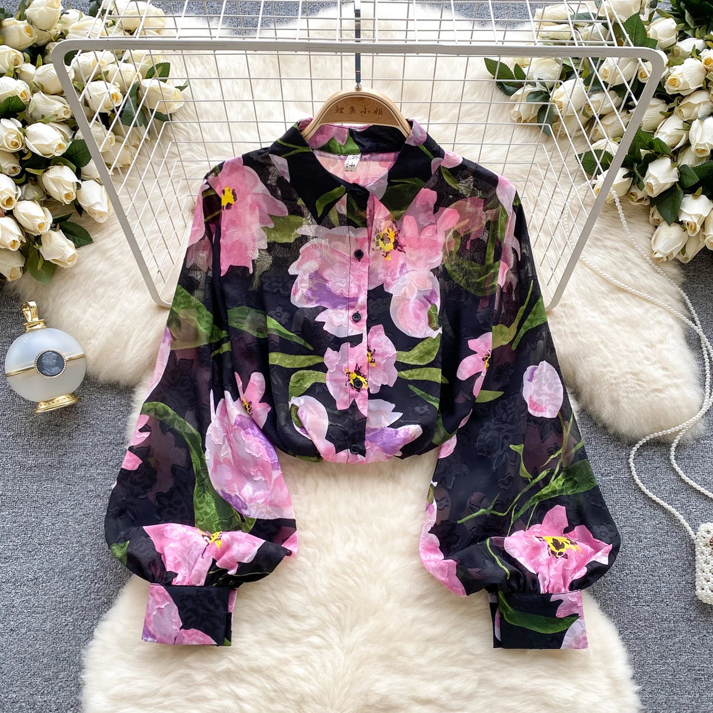 Floral Print Women Shirt Summer Lantern Sleeve Retro French Loose Blouse