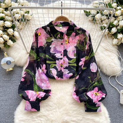 Floral Print Women Shirt Summer Lantern Sleeve Retro French Loose Blouse