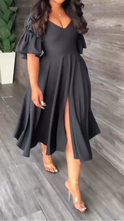 Vintage Women Criss Cross Open Back Lantern Half Sleeve V-neck Big Swing Dress