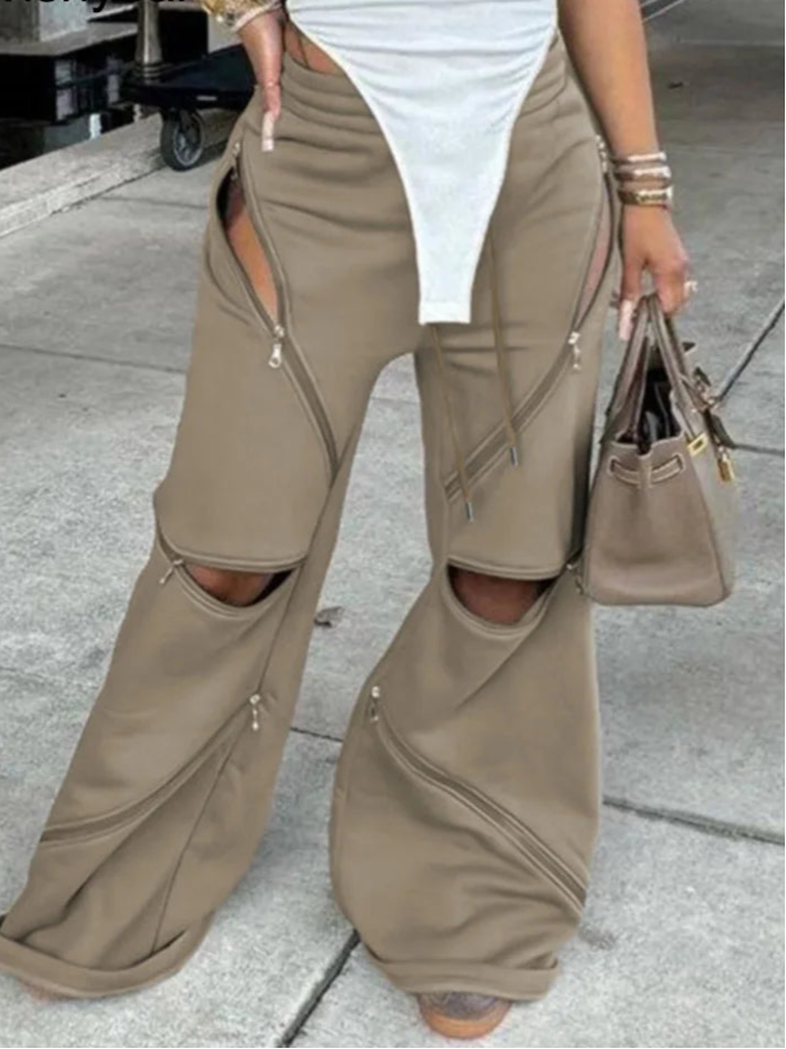 Flare Pants Women Black Brown Drawstring Zipper Patchwork Loose Pants
