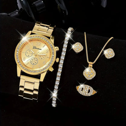 5 PCS Set Gold Watch Women Luxury Ring Necklace Earrings Rhinestone Fashion Wristwatch