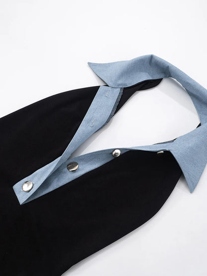 Denim Patchwork Rompers Polo-Neck Backless Sleeveless Vacation Playsuits