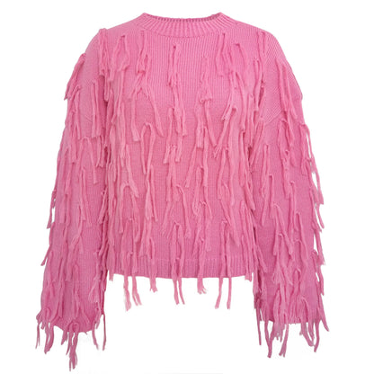 Tassels Design Solid Color Sweater Women Loose Knitted Pullover Jumper