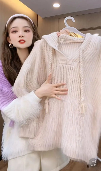 Tassel Pullover Long-Sleeved Sweater Hooded Loose Knitwear