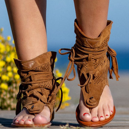 Sandals for Women Retro Bohemian Tassel Roman Beach Shoes Summer Clip Toe Gladiator Sandals