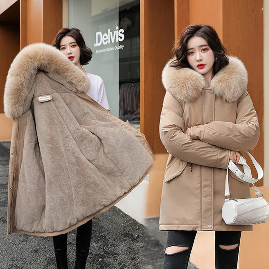 Women Long Wool Lined Hooded Parkas Winter Jacket