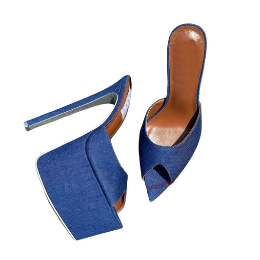 Denim Blue Platform Slippers Pointy Toe Stiletto Solid Mules
