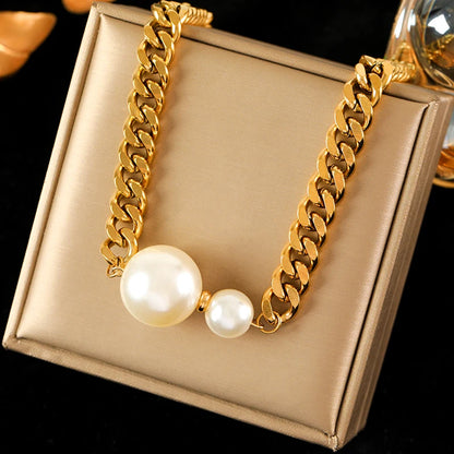 Stainless Steel Exaggerated Large Pearls Necklace Earrings Set For Women