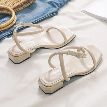 Women Buckle Mid-Calf Strap Med Block Heels Luxury Peep Girls Beige Medium Chunky Sandals