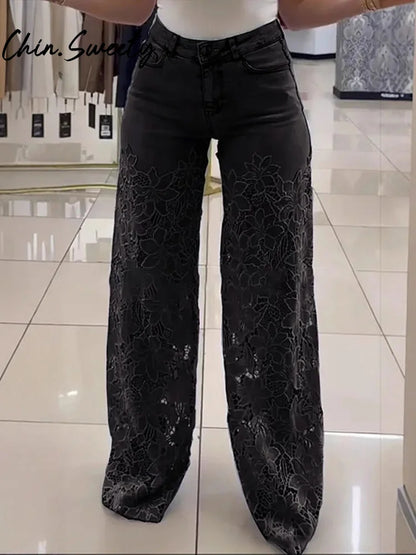 Urban Crochet Denim Women Pants Hollow Out Zippers Pocket Button Female Trousers