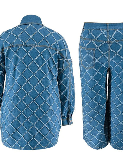 Plus Size Denim Two Piece Sets Women Long Sleeve Tops and Pants Matching Suits