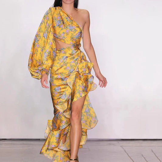 Women's Printed One Shoulder Sexy Dress Slim Hem Irregular Ruffle Party Elegant Dress