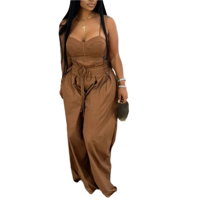 Sexy Zip Crop Camisole and High Waisted Drawstring Wide Leg Trousers 2 Piece Women Pants Suit Streetwear