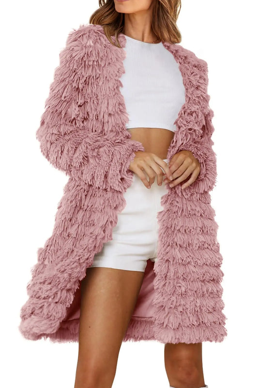 Long Sleeve Faux Fur Jackets Open Front Long Cardigan Coat Outerwear