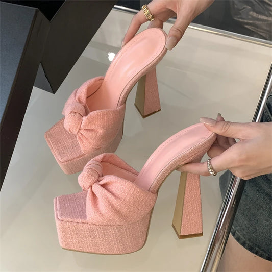 Chunky Platform Wedge Woman Slippers Butterfly-knot Open Toe Wedding Banquet Sandals High Heels Slide Shoes