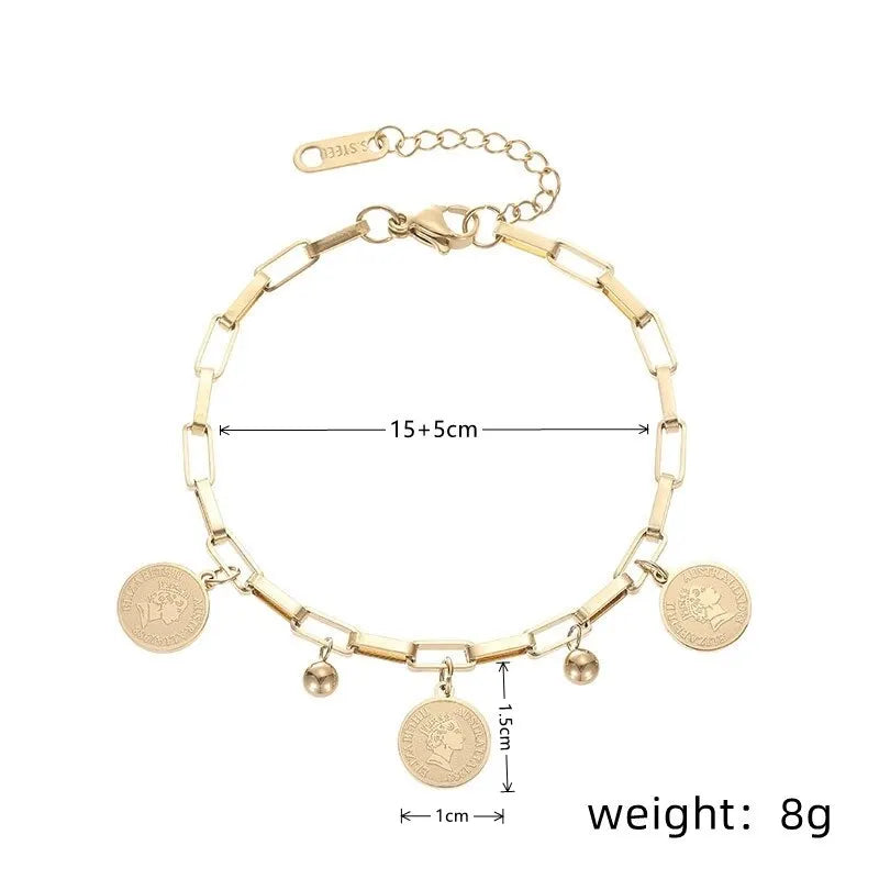 Women 1pcs Gold-color Stainless Steel Round Sign Portrait Pendant Bracelet