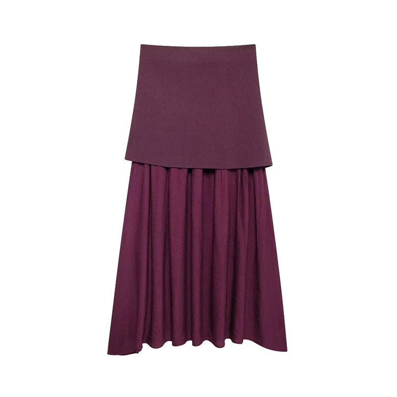 Knitted Patchwork Pleated Side Zipper Midi Skirt Vintage High Waist Female Chic Lady Skirts