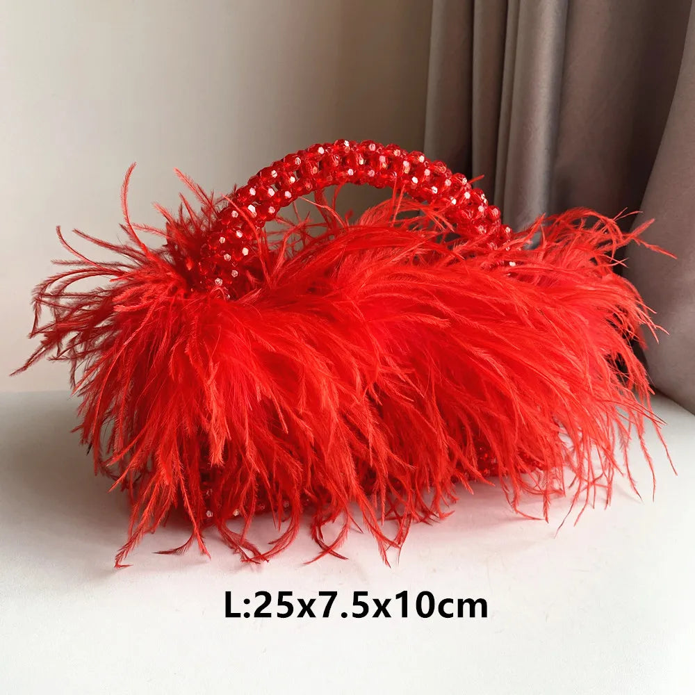 Pearl Bead Bag With Feather Fur Designer Brand Clear Acrylic Crystal Handbag Handmade