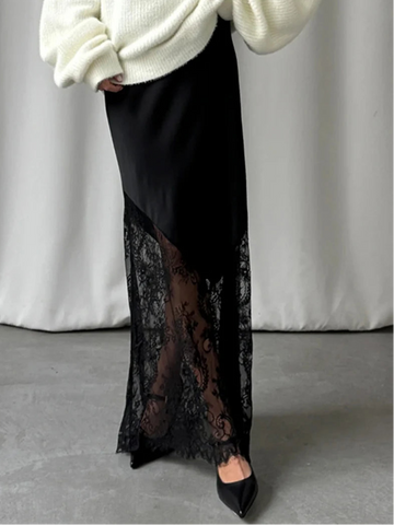 Loose Black Satin Lace Hem Skirt Casual High Waist Ankle Length Skirt